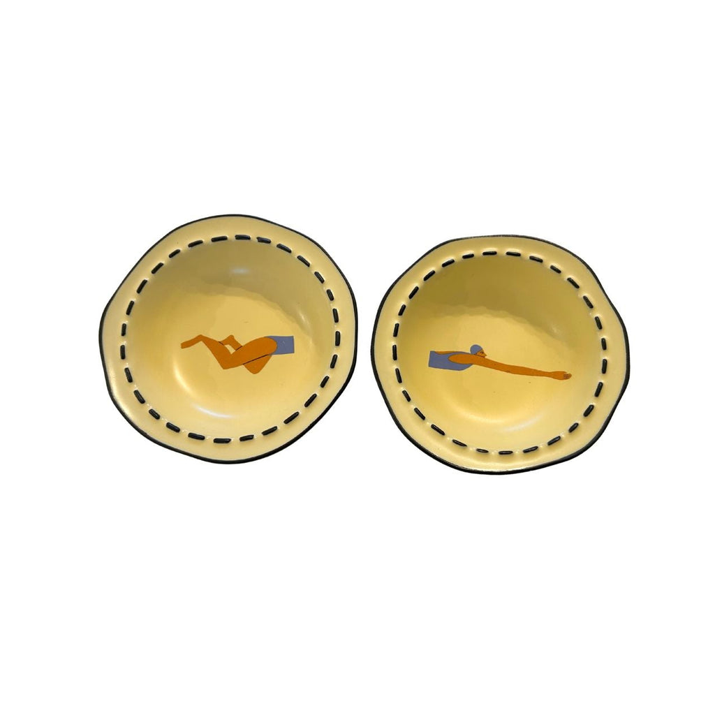 Pair Small Bowls Pale Yellow Fun Swimmer
