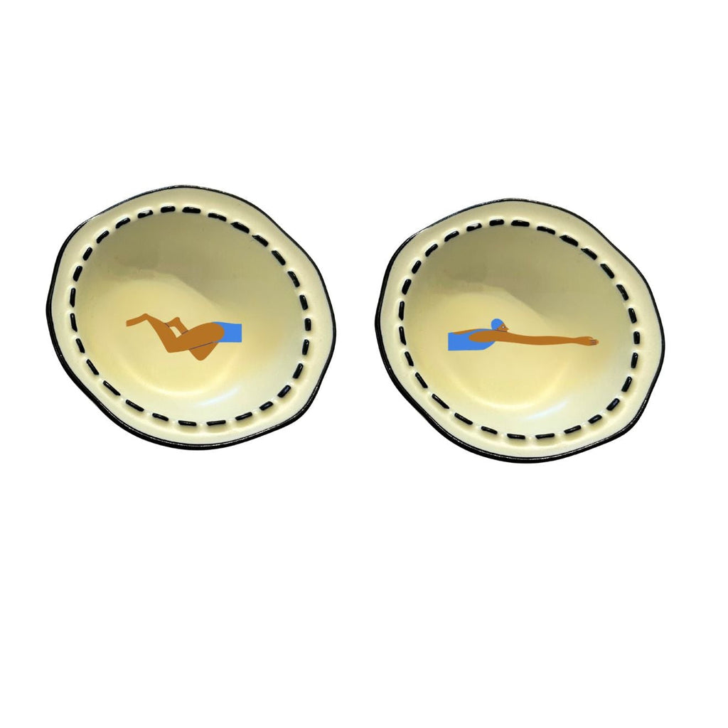 Pair Small Bowls Cream Fun Swimmer