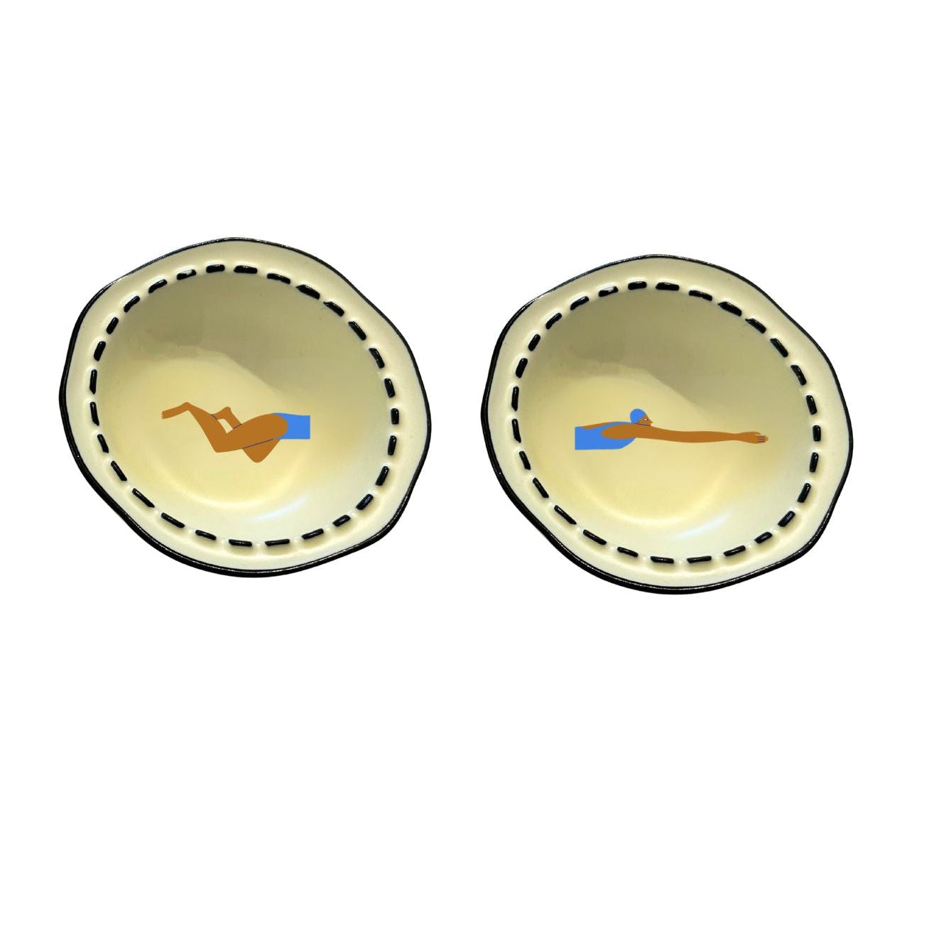 Pair Small Bowls Cream Fun Swimmer
