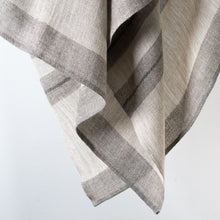 Load image into Gallery viewer, Stansborough Wool Throw Grey light mid dark Stripes hanging detail
