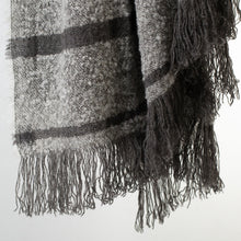 Load image into Gallery viewer, Stansborough Mohair Wool Striped Grey Blanket with Fringe Hanging Close Up
