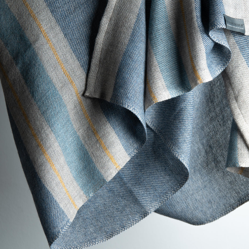 Stansborough Wool Throw Blue Grey Gold Stripes Detail