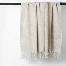 Load image into Gallery viewer, Stansborough New Zealand Wool Throw Rug Grey Gold Stripe Hanging back
