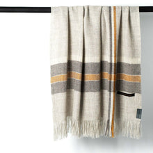 Load image into Gallery viewer, Stansborough New Zealand Wool Throw Rug Grey Gold Stripe Hanging
