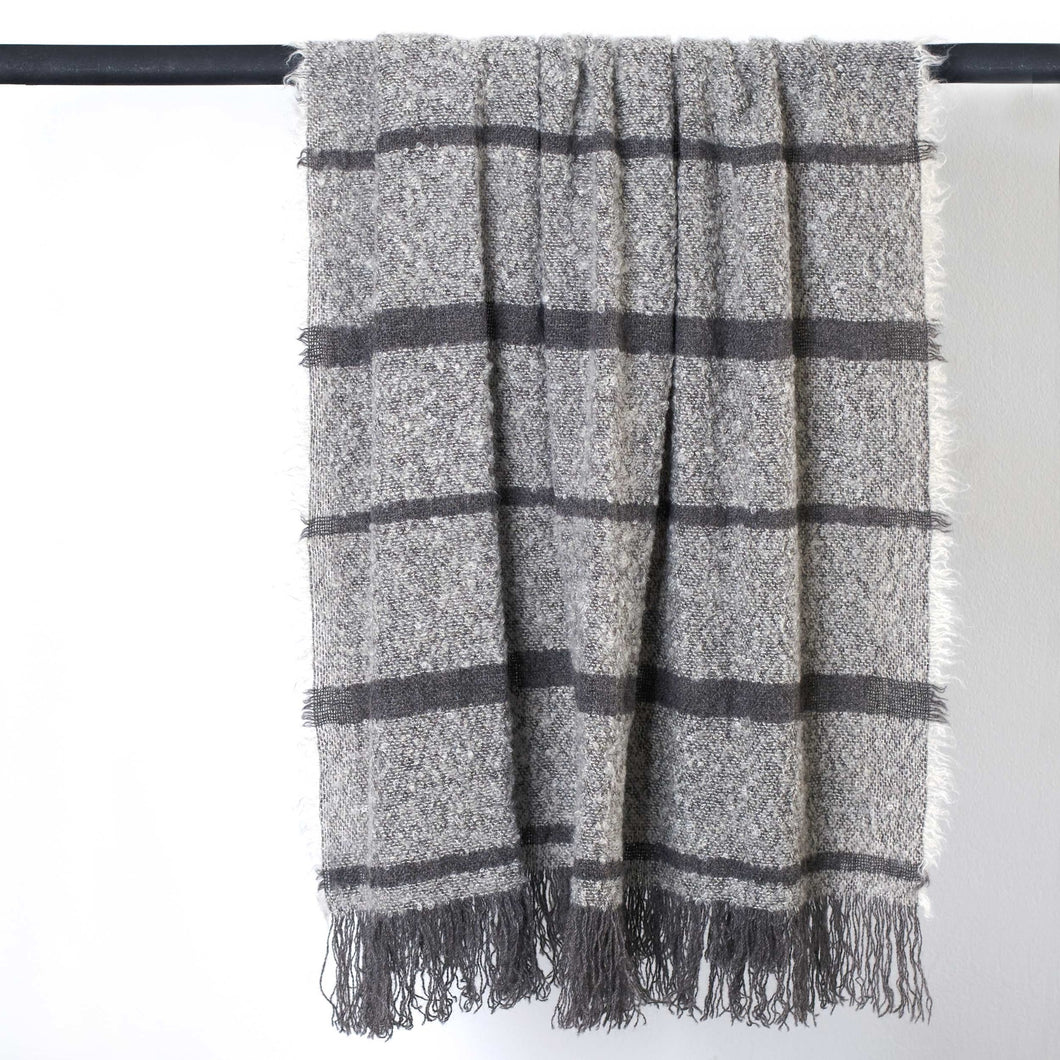Stansborough Mohair Wool Striped Grey Throw with Fringe Hanging