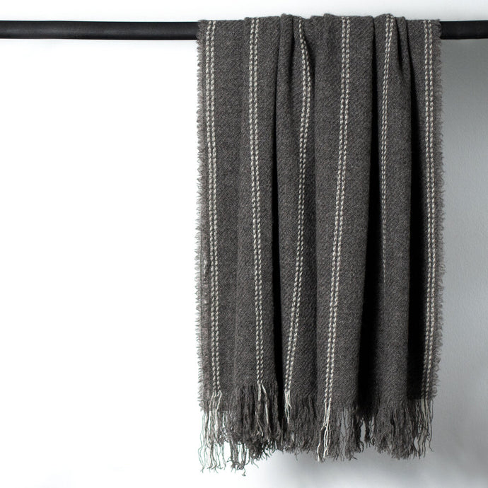 Stansborough Wool Blanket Natural Grey Ecru Spaced Stripe with Fringe Hanging