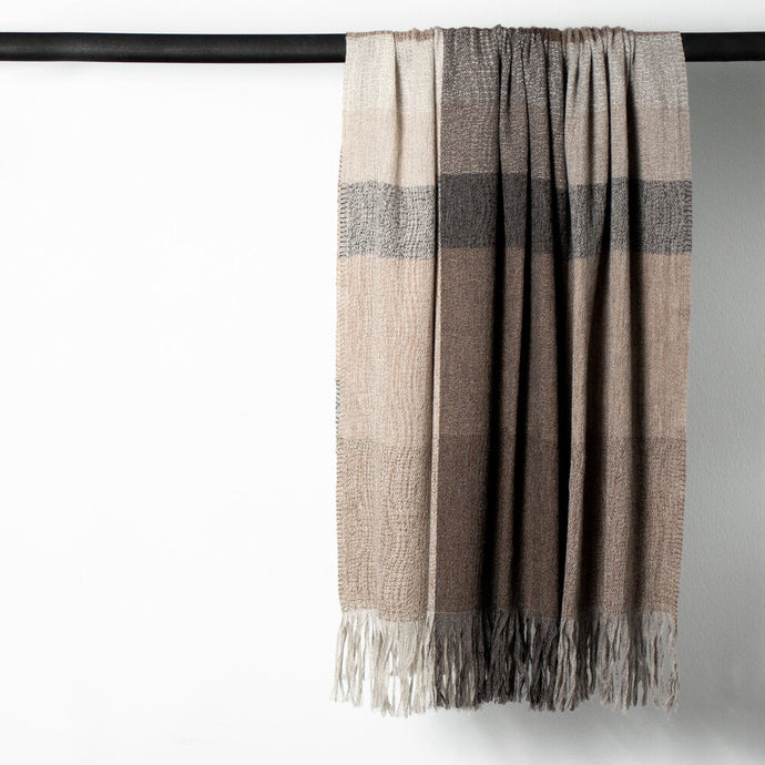 Stansborough Alpaca Wool Check Throw Rug Cocoa with Fringe Hanging
