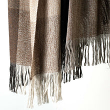 Load image into Gallery viewer, Stansborough Alpaca Wool Check Throw Rug Cocoa with Fringe Hanging Close Up
