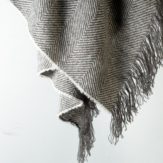 Stansborough NZ Grey Wool Herringbone Throw Rug Hanging Fringe Detail