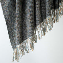 Load image into Gallery viewer, Stansborough Deckchair Alpaca Wool Black Blue Gold Throw Rug Fringe Close Up
