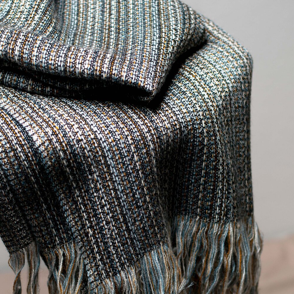 Stansborough Deckchair Alpaca Wool Black Blue Gold Throw Rug Folded Close Up