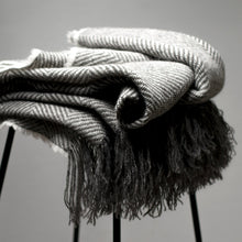 Load image into Gallery viewer, Stansborough NZ Grey Wool Herringbone Blanket Folded on Chair
