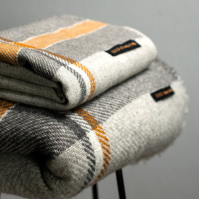 Stansborough New Zealand Wool Stacked Blankets Throw Rug Grey Gold Stripe