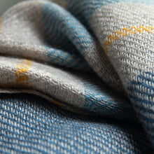 Load image into Gallery viewer, Stansborough Wool Throw Blue Grey Gold Stripes texture up close
