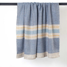 Load image into Gallery viewer, Stansborough Wool Throw Blue Grey Gold Stripes Hanging
