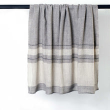 Load image into Gallery viewer, Stansborough Wool Throw Grey light mid dark Stripes Hanging
