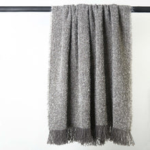 Load image into Gallery viewer, Stansborough Mohair Wool Grey Ecru Blanket with Fringe Hanging
