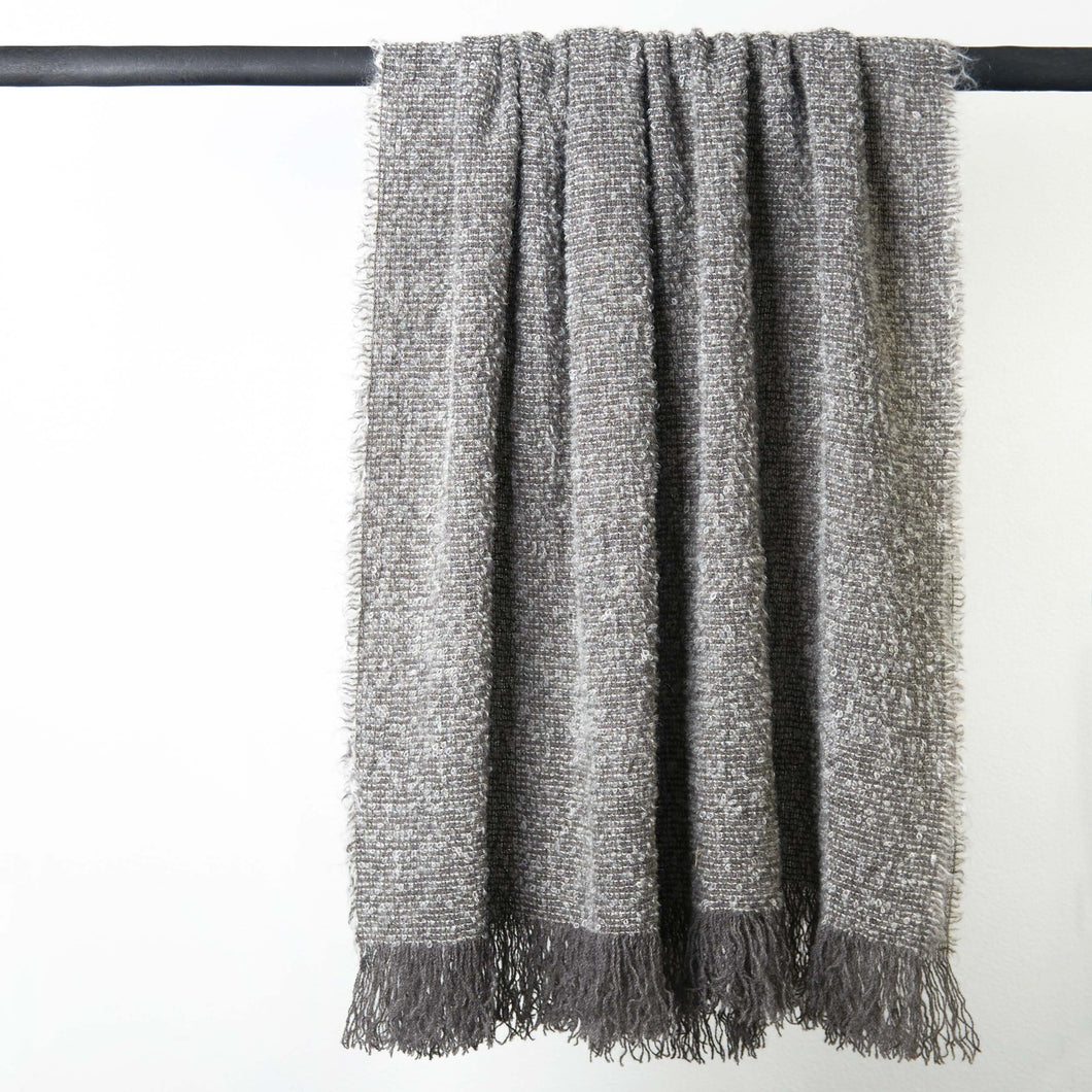 Stansborough Mohair Wool Grey Ecru Throw with Fringe Hanging