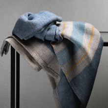 Load image into Gallery viewer, Stansborough Wool Throw Blue Grey Gold Stripes Folded
