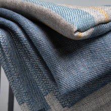 Load image into Gallery viewer, Stansborough Wool Throw Blue Grey Gold Stripes folded up close
